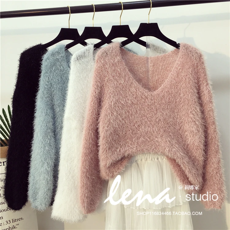 Women Sweaters and Pullovers 2019 Winter Mohair Warm Oversized Sweater V Neck Knitted Pull Femme Jumper | Женская одежда