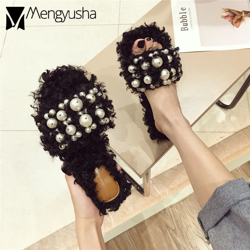 Шерстяные сандалии на плоской подошве с жемчугом женские домашние меховые