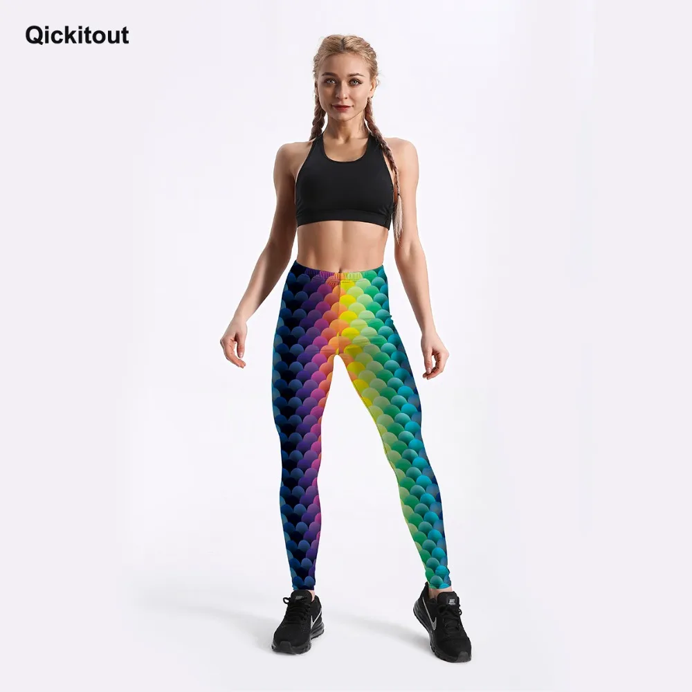 Qickitout, сексуальные модные женские леггинсы, рыбья чешуя, Радужный цвет, градиентный рисунок, леггинсы для тренировок, фитнеса, штаны, осенний стиль