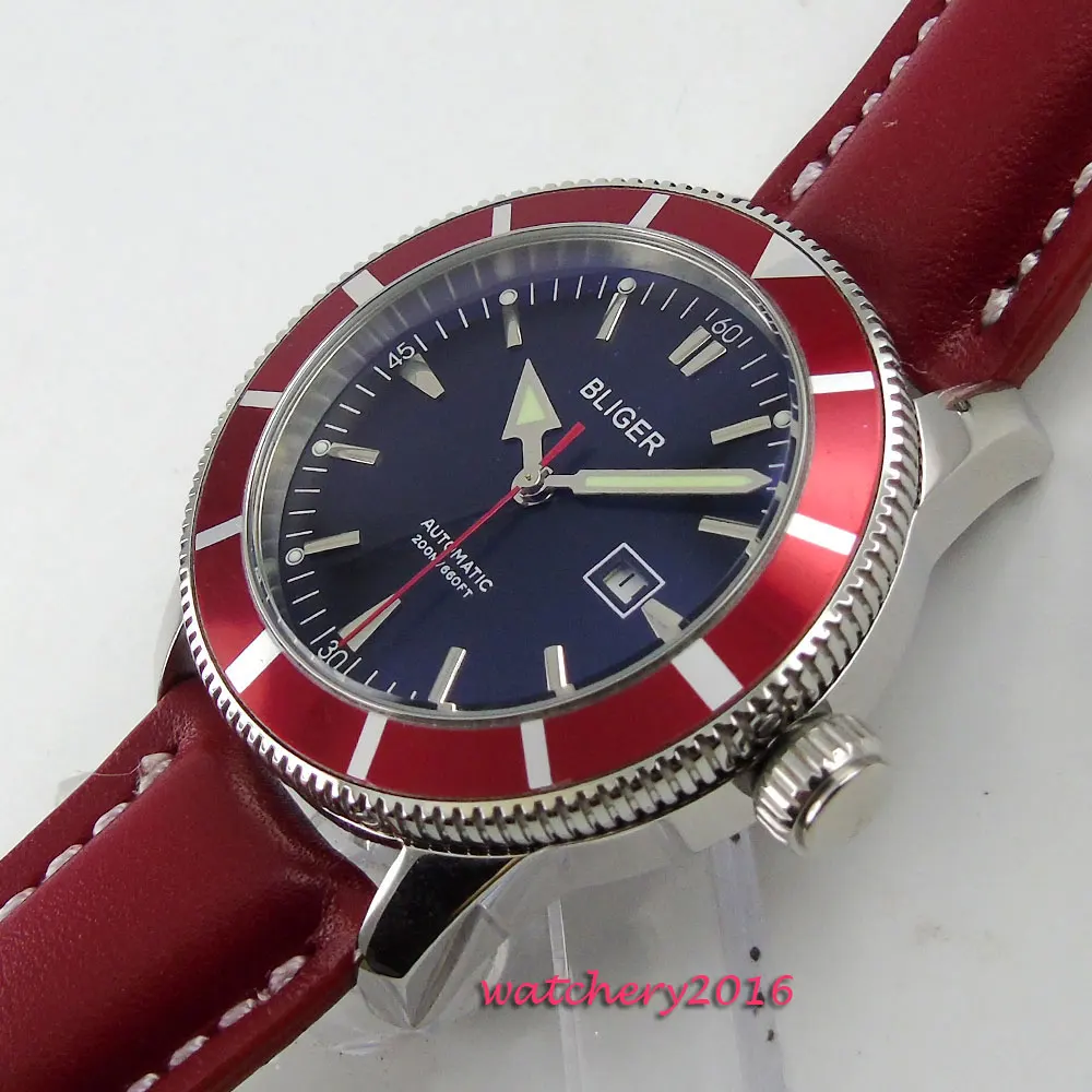 46mm Bliger Black dial Date SS Case Red Leather 2019 Top brand Luxury Hot styles Luminous Hand Automatic Mechanical Men's Watch |