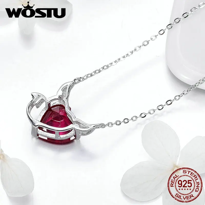 WOSTU, подлинные 925 пробы, серебро, ангел и демон, Красный CZ, подвеска, ожерелья для девочек, для женщин, Роскошные, модные, ювелирные изделия, вечерние, подарок, CQN285