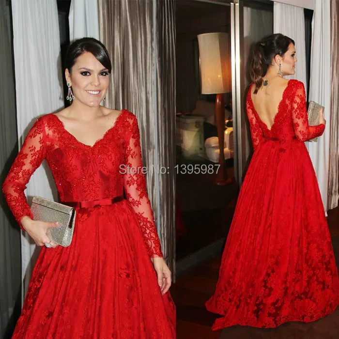 

Red v-neck backless Prom Dresses Lace Appliqued beading prom Gowns 2015 floor-Length Full Sleeves Cap Sleeves prom Gown AC040