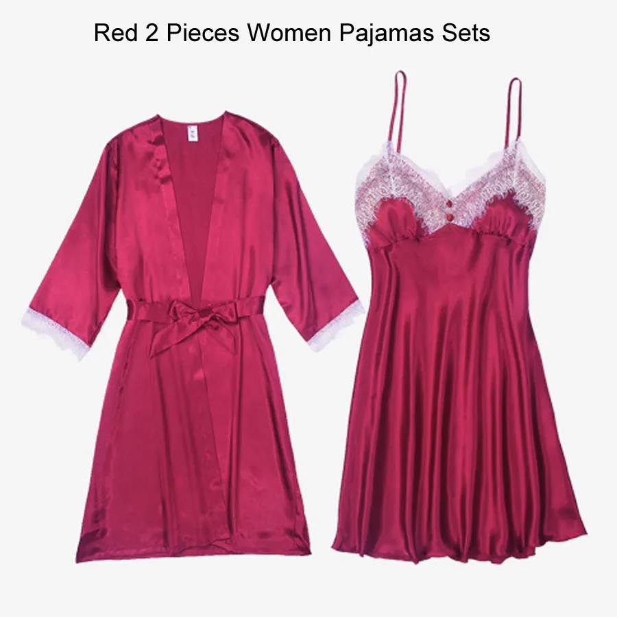 Red Pajamas Set (3) Сексуальный халат и платье наборы для женщин атласная одежда для сна комплект из 5 предметов летний домашний вечерний комплект с платьем Slik кружевное ночное белье халат сексуальное ночное платье - Цвет: Red Pajamas Set (3)