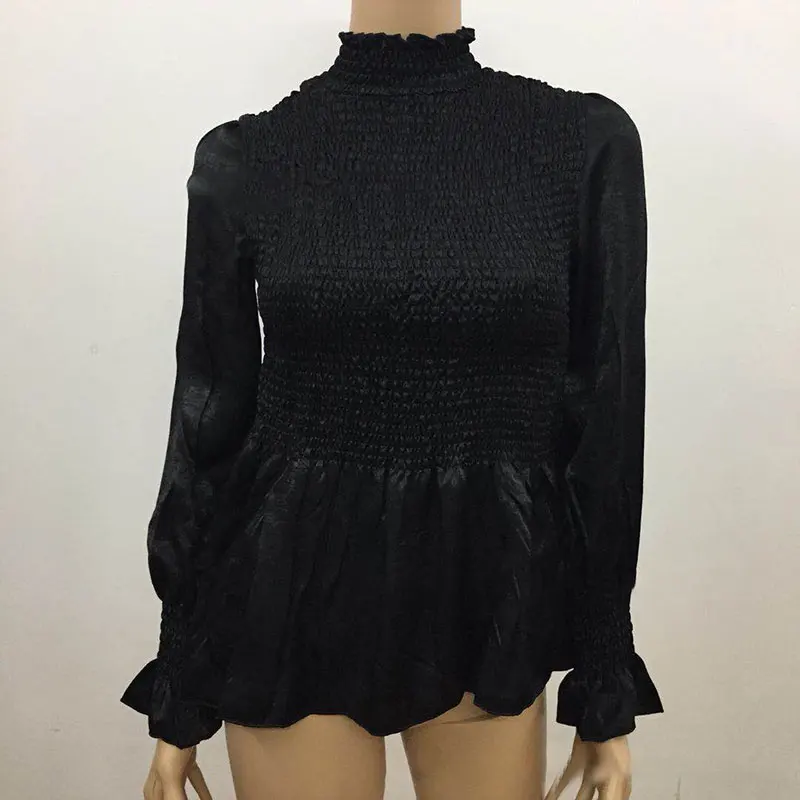 2019 элегантная женская блузка с рукавом фонариком и воротником стойкой оборками