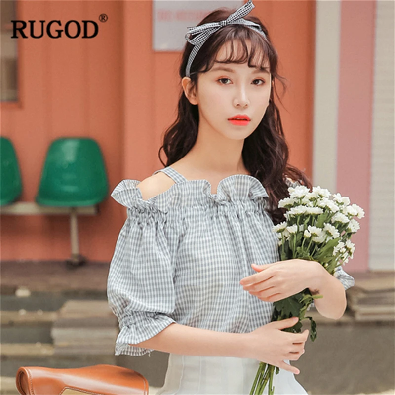 RUGOD женские блузки в клетку с открытыми плечами и коротким рукавом эластичная