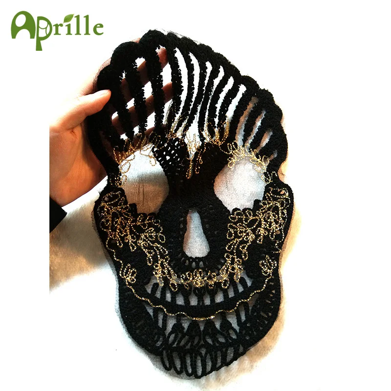 Крутой большой черный череп скелет кружевное полотенце вышитые нашивки для