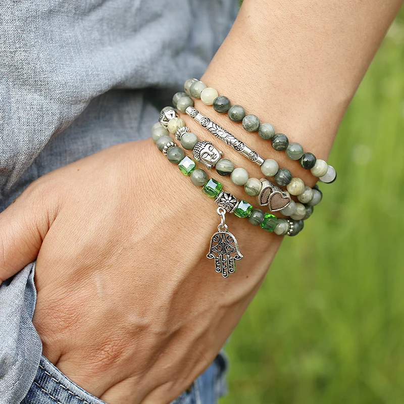 Natural Green Grass lace Agates Bracelet 108 Mala Bracelet Buddha Wing Pendant Chakra 6MM Beaded Necklace Yoga Prayer Bracelets