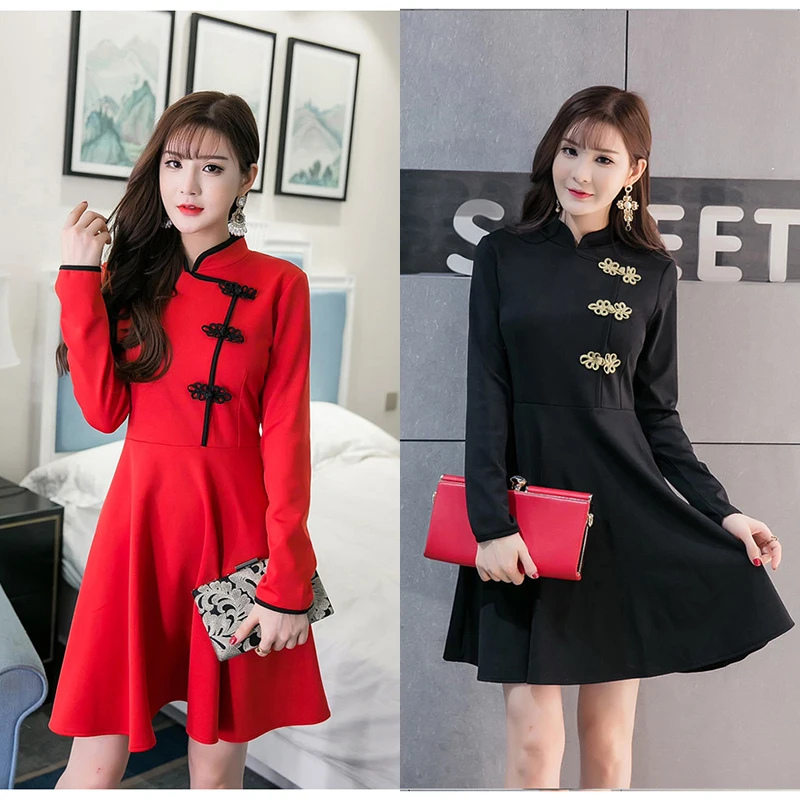 Винтажное готическое платье Ципао в японском стиле Харадзюку черное красное с