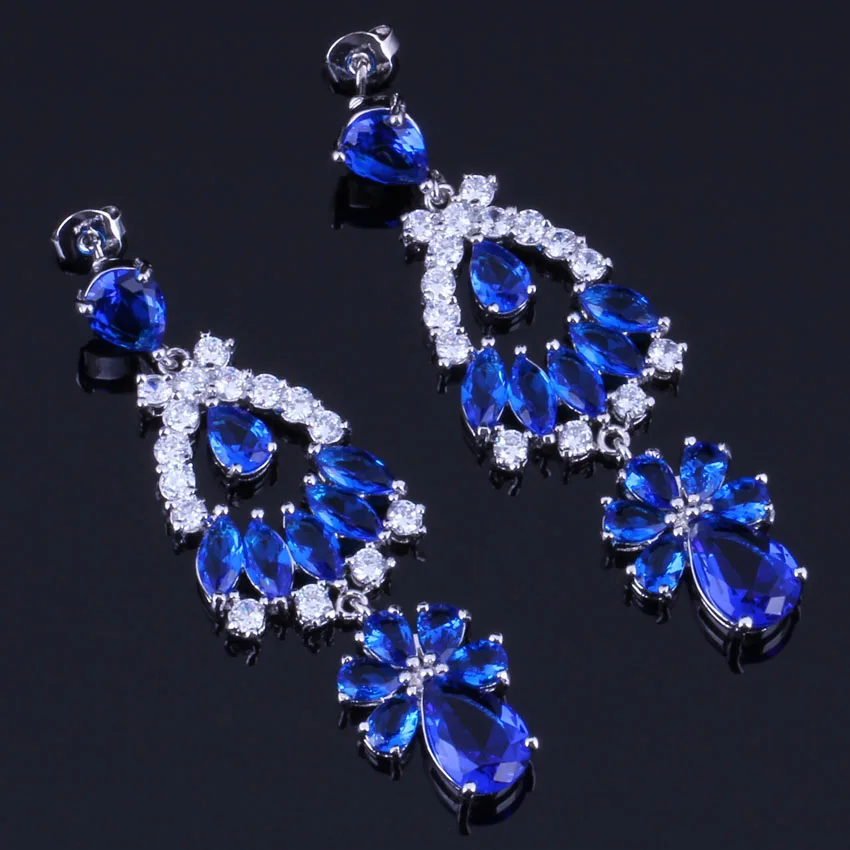

Charismatic Huge Blue Cubic Zirconia White CZ Silver Plated Drop Dangle Earrings V0332