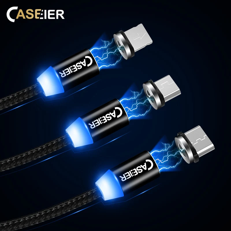 CASEIER светодиодный магнитный кабель для быстрой зарядки Micro usb type C для iPhone XS MAX X 1 м 2A магнитное зарядное устройство