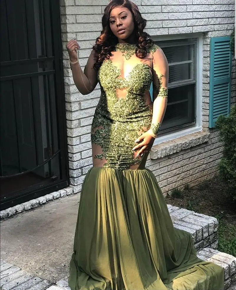 Женское платье для выпускного вечера длинное зеленое оливкового цвета с длинным