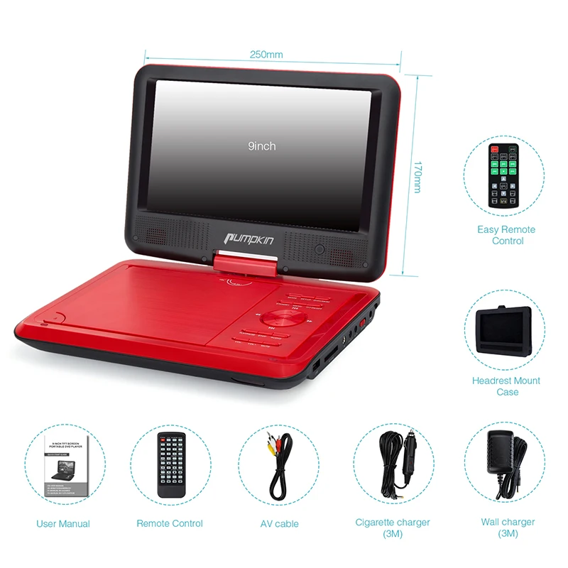 Pumpkin 9'' Portable DVD Player Last Memory Adjustable Angle Car Monitor 800*480 LED Backlight Digital HD Screen With Holder |