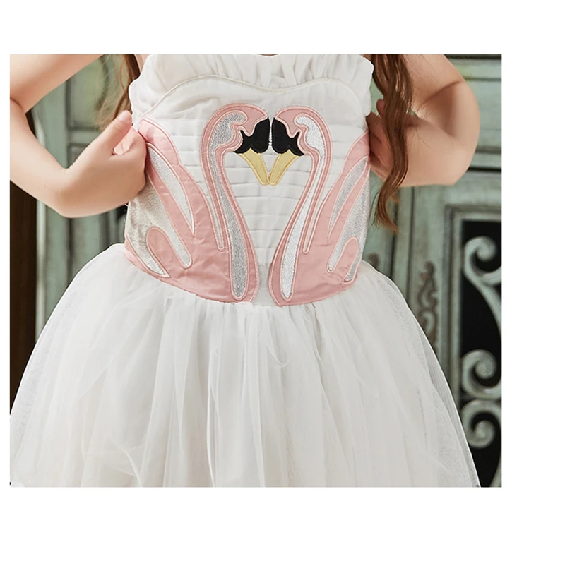 Christmas Girls Swan Flamingo Wings Dress Children White Princess Dress for Wedding Kids Embroidered Tulle Ballet Tutu Dress