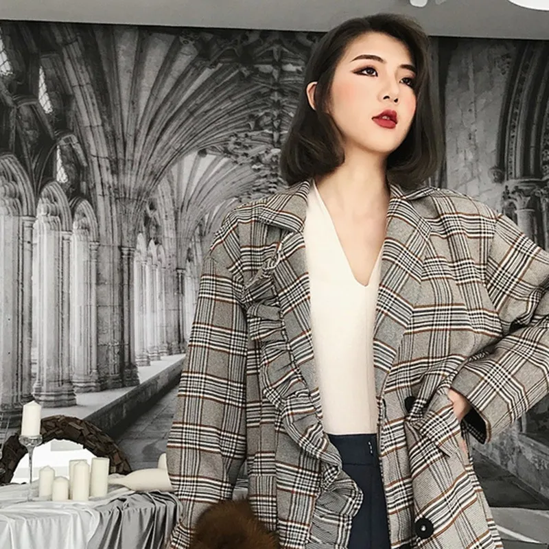 TWOTWINSTYLE Plaid Womens Windbreakers High Waist Lace Up Double Breasted Patchwork Ruffle Trench Coat Female Autumn Fashion New | Женская