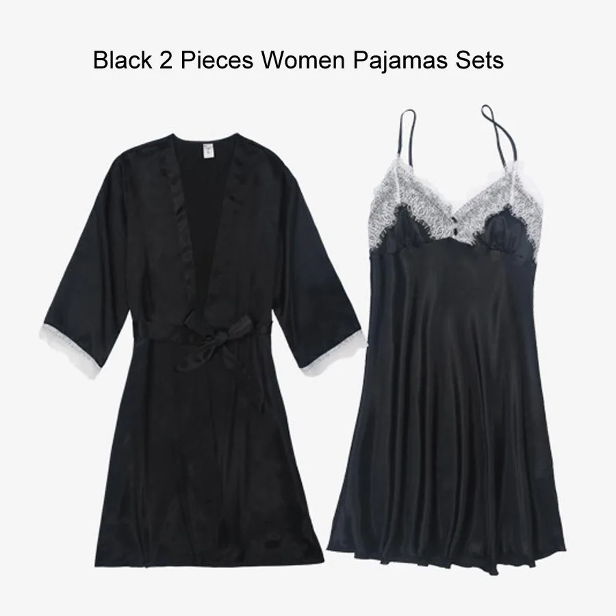 Black Pajama Set (3) Сексуальный халат и платье наборы для женщин атласная одежда для сна комплект из 5 предметов летний домашний вечерний комплект с платьем Slik кружевное ночное белье халат сексуальное ночное платье - Цвет: Black Pajama Set (3)