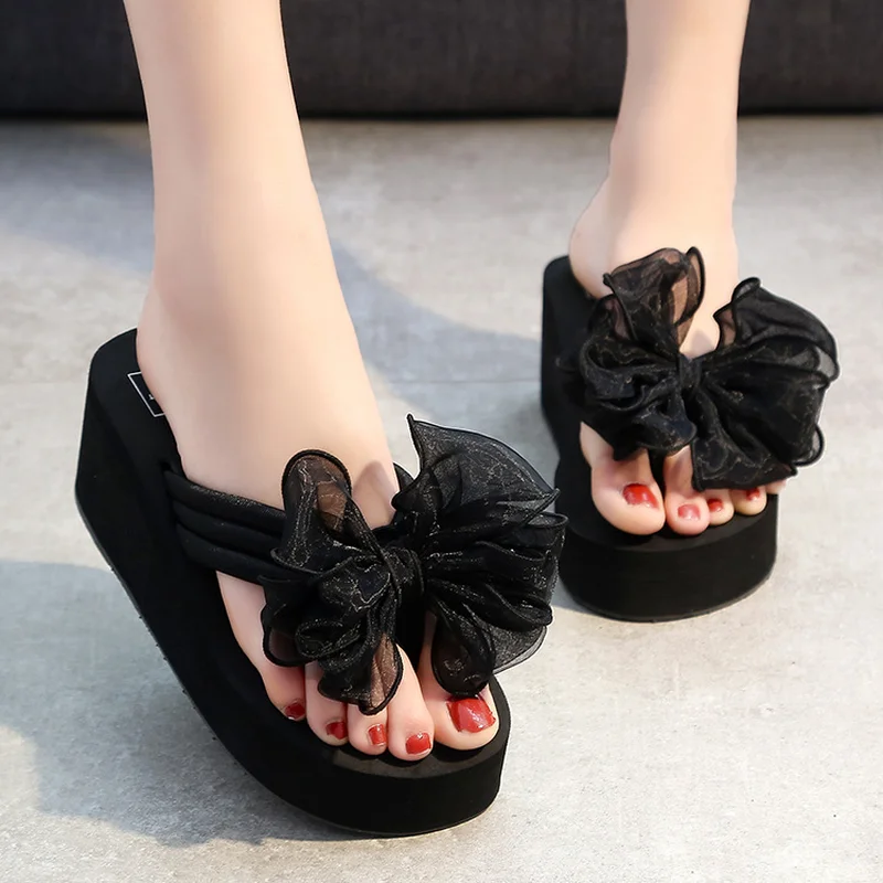 Шлепанцы женские на танкетке с бантом сандалии высоком каблуке тапки толстой