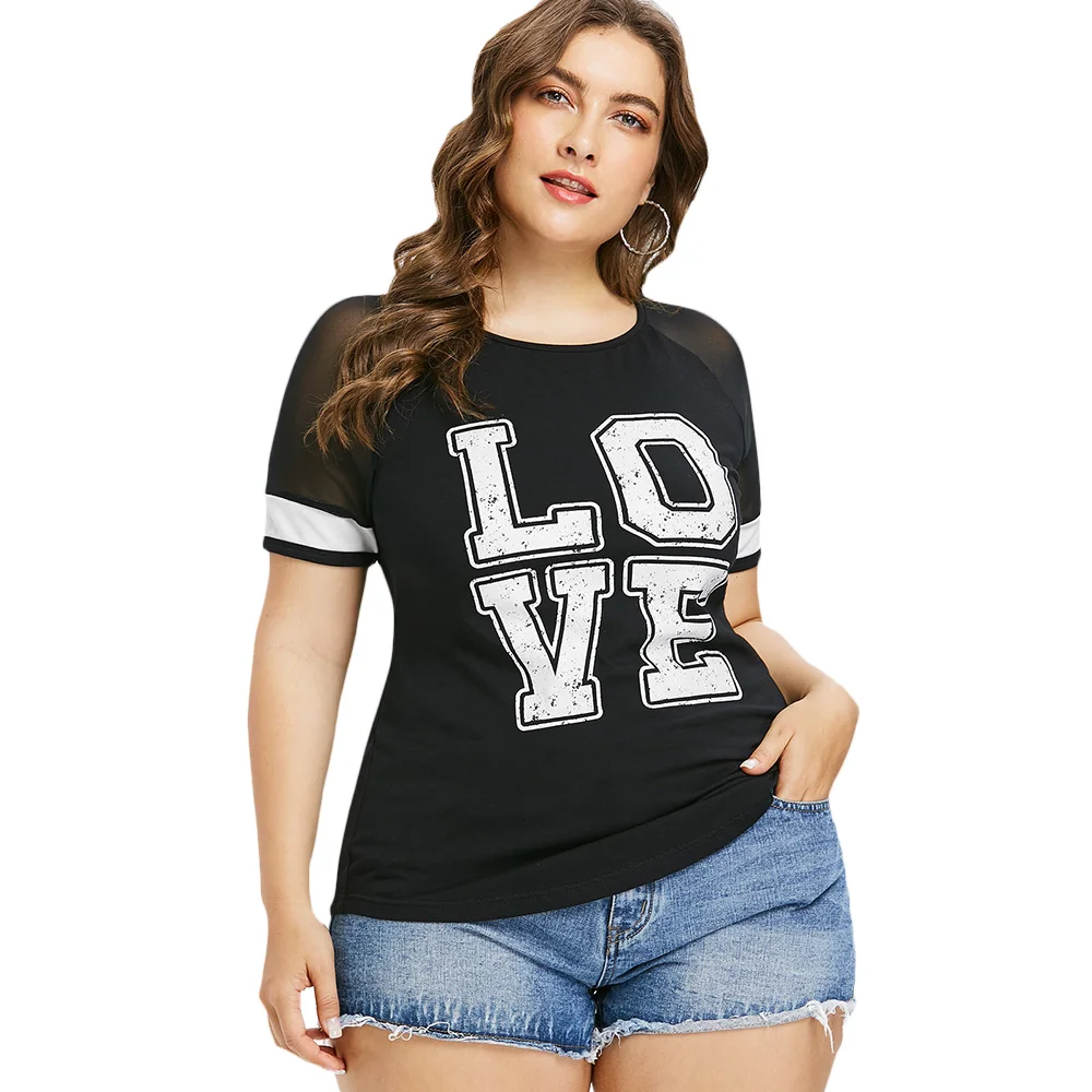 Плюс Размер Цвет Блок Любовь Футболка Лето Дамы Топы О Образным Вырезом С