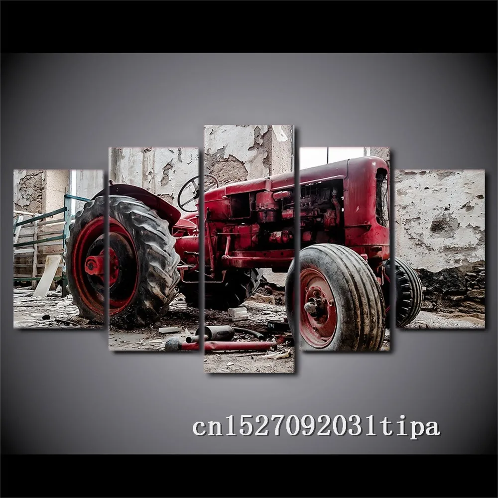 Абстрактная фотография старого разбитого трактора 5 панелей на холсте для