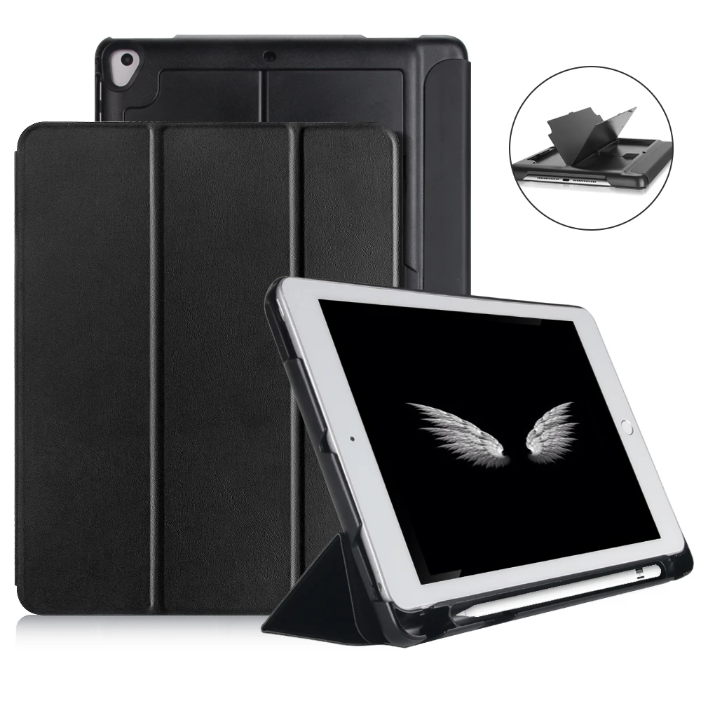 Чехол с карандашом для нового iPad 9,7 дюймов A1893 A1954, умный чехол-подставка из искусственной кожи, чехол с функцией автоматического сна+ usb-кабель - Цвет: Черный