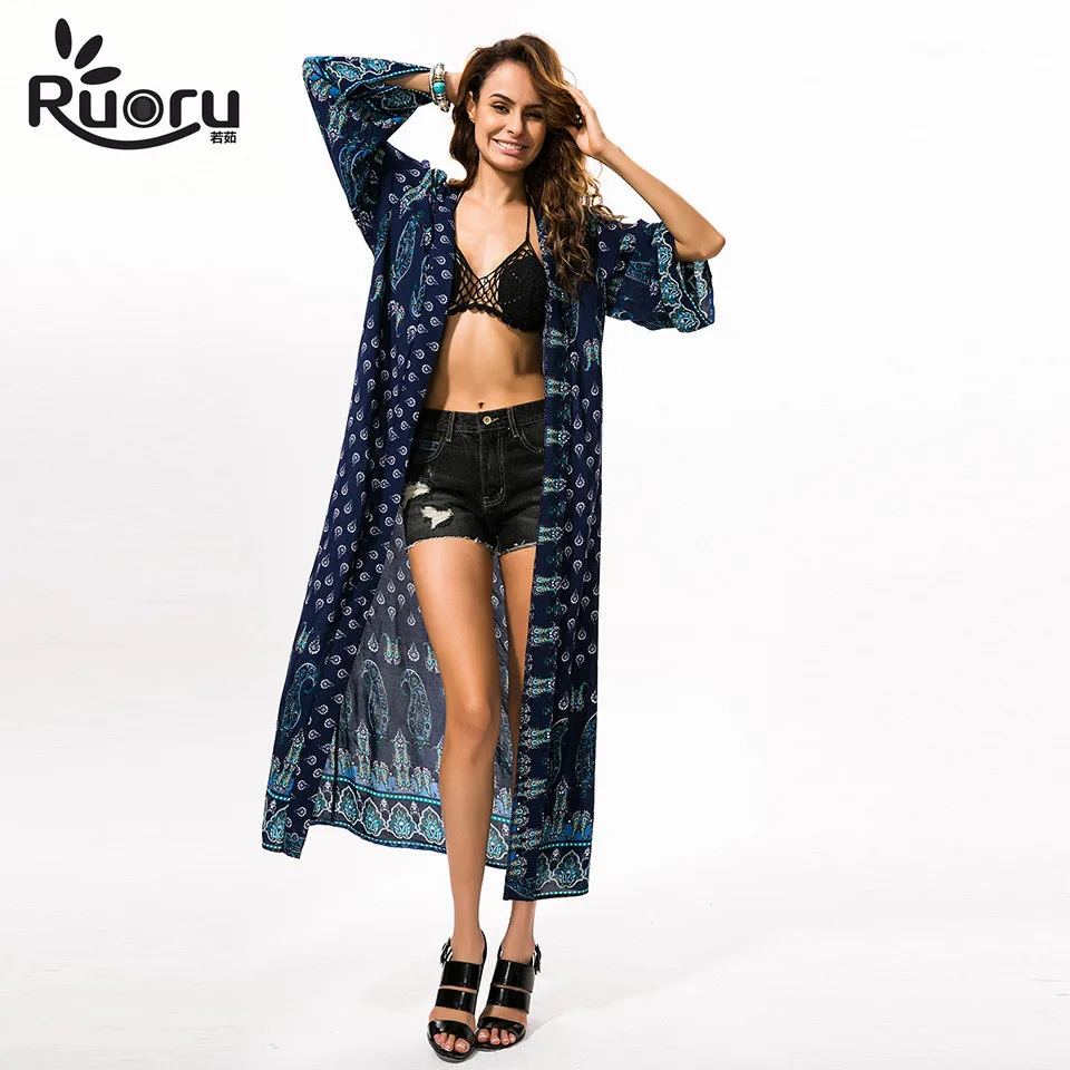Ruoru Women Loose Long Blouse Shirt Maxi Boho Kimono Plus Size Casual Top for Summer Beachwear Cardigan Jacket|boho kimono|blouses pluslong blouses