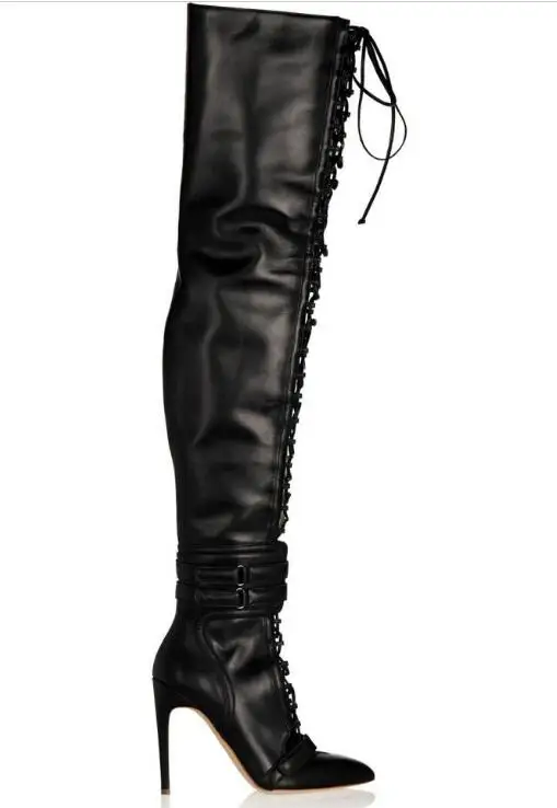 

Spring Hot Knight Style Point Toe Women Lace Up Over The Knee Boots Ankle Buckles Ladies High Heel Boot Black Leather Thigh Boot