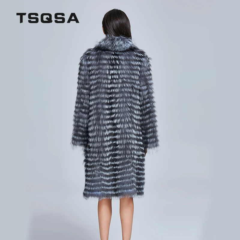 TSQSA Настоящее Silver Fox Шубы Женщин Длинный Тонкий Зима Натуральная Меховая Куртка