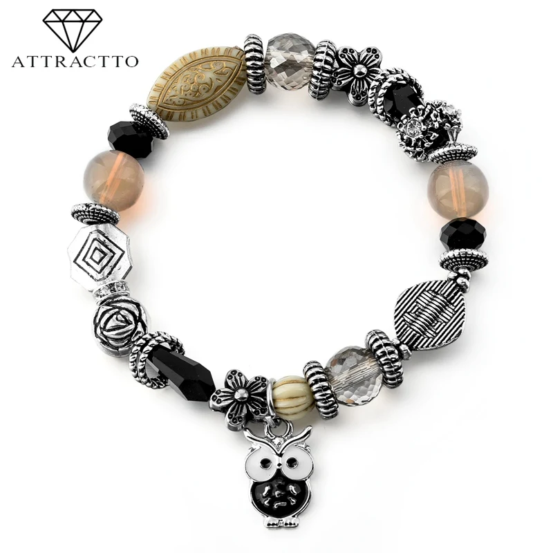 

ATTRACTTO Fashion Cute Black Owl Bracelets & Bangles Charm For Women Crystal Jewelry Making Animal Bracelets Pulsera SBR170141