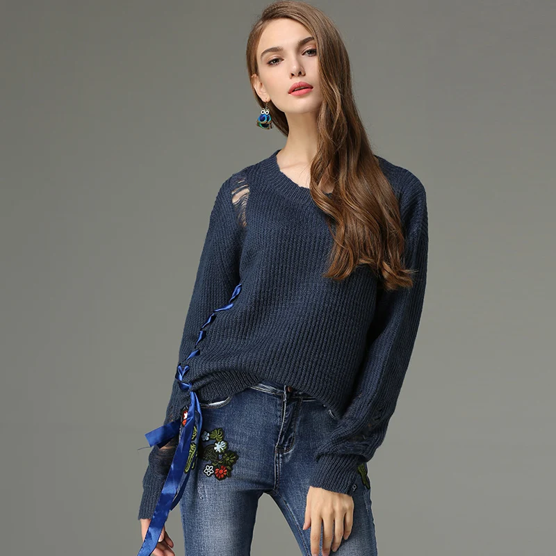 2017 для женщин осень вязаный пуловер кружево Up свитер Мода полые отверстия