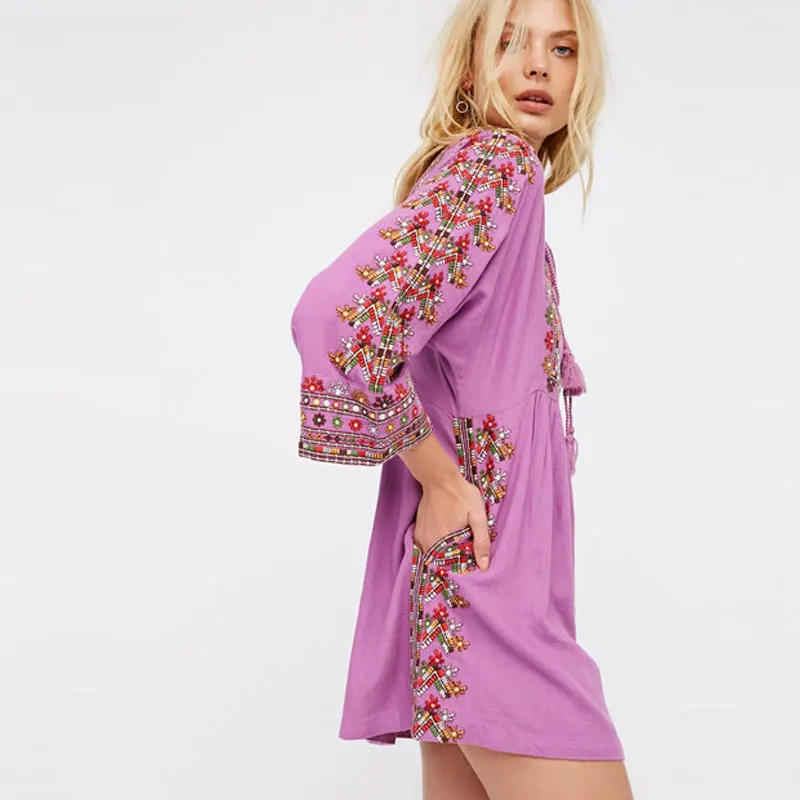 2017 New Bohemian Vintage Folklore Embroidered Vestidos Loose Tassels Three Quarter Boho Cotton Maxi Hippie Dress Gypsy Women | Женская