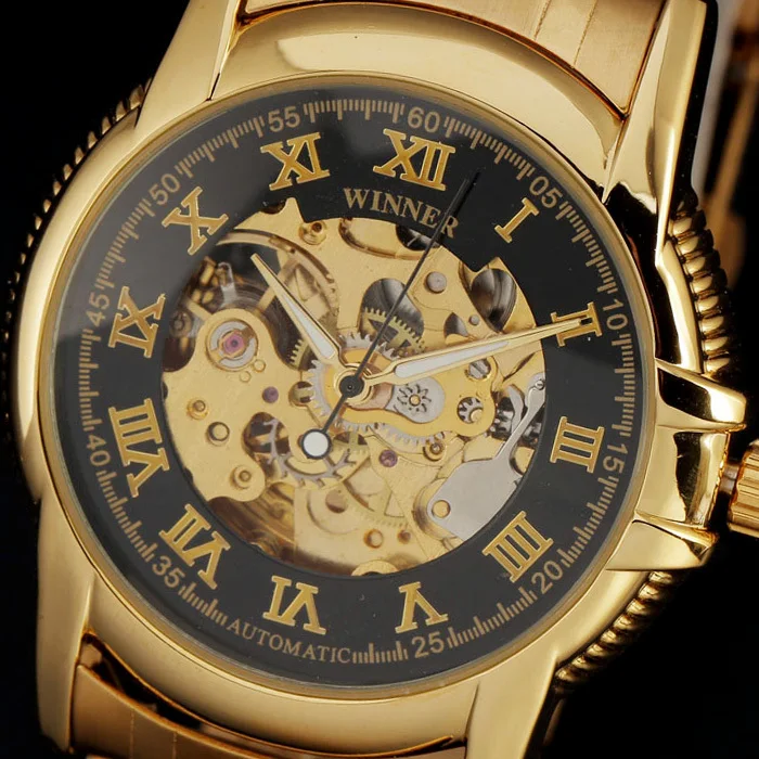 Роскошные часы Winner королевские с резьбой черные золотые каркасом Orologi Uomo Uhren