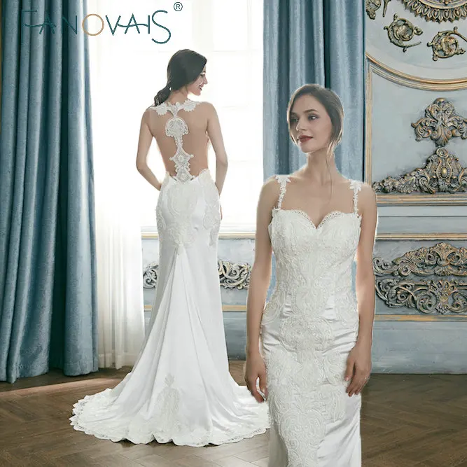 Старинные Кружева Свадебные Платья 2019 Бретельки Русалка Иллюзия Обратно