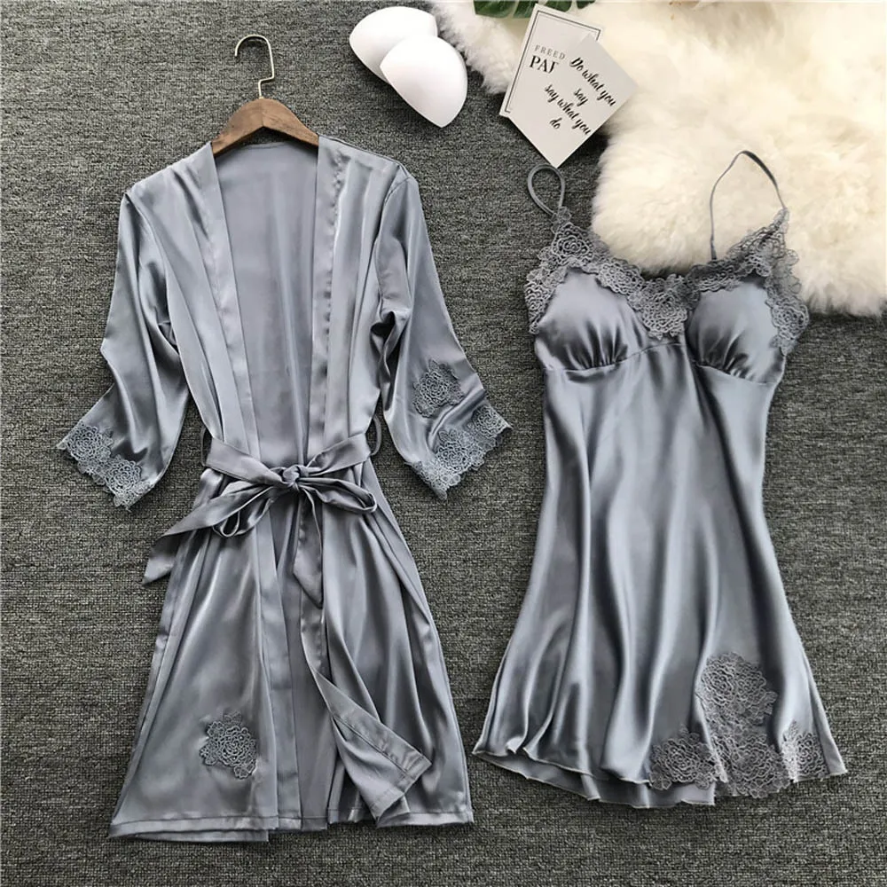 2019 женское шелковое кружевное платье Babydoll ночная рубашка комплект кимоно