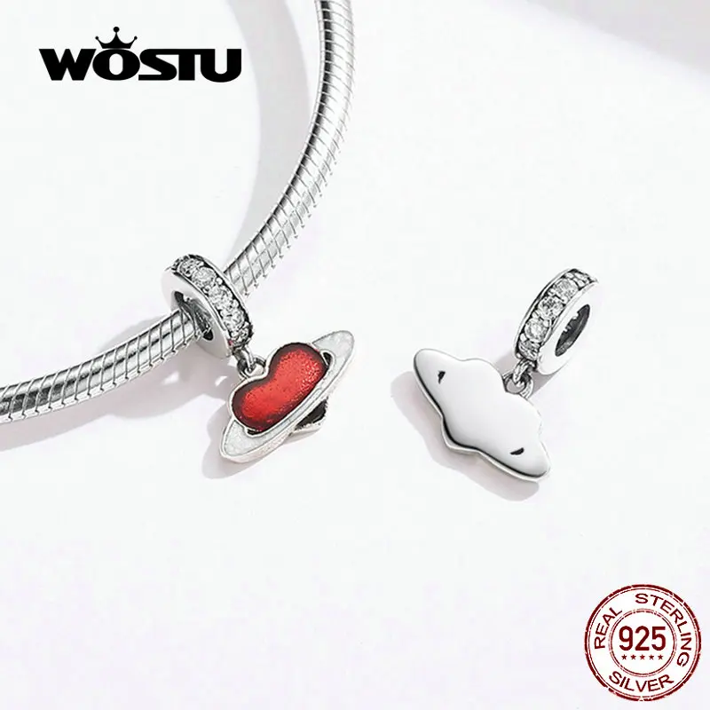 WOSTU сердце планеты болтается очарование 925 пробы серебро Красная эмаль CZ Бусины