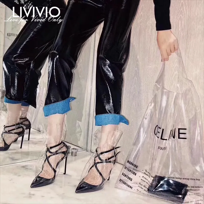 

Женские брюки из искусственной кожи LIVIVIO, черные блестящие повседневные свободные брюки с высокой талией, одежда в Корейском стиле, 2019
