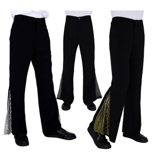 TiaoBug мужские ретро 70s брюки в стиле диско, сценический костюм для выступлений, танцевальный костюм со средней талией, расклешенные Бальные брюки со стразами