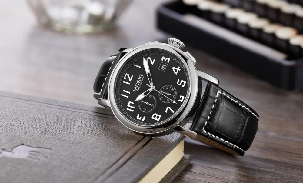 Мужские кварцевые наручные часы MEGIR модные светящиеся черные с круглым