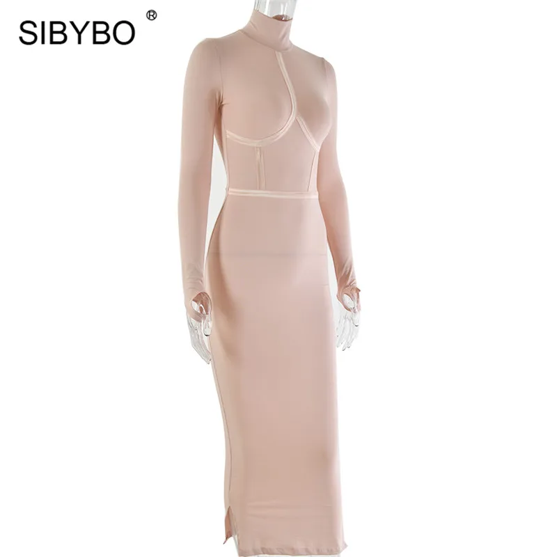 Sibybo, водолазка, хлопок, длинное платье для женщин, в стиле пэчворк, с длинным рукавом, сексуальное, облегающее платье, одноцветное, для девушек, повседневные платья