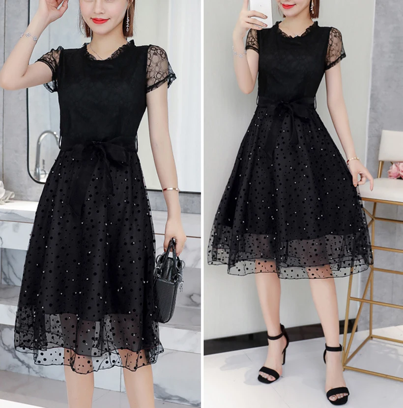 

Spring and summer new style Medium and long A-line dress Korean version of the waist chiffon lace dress