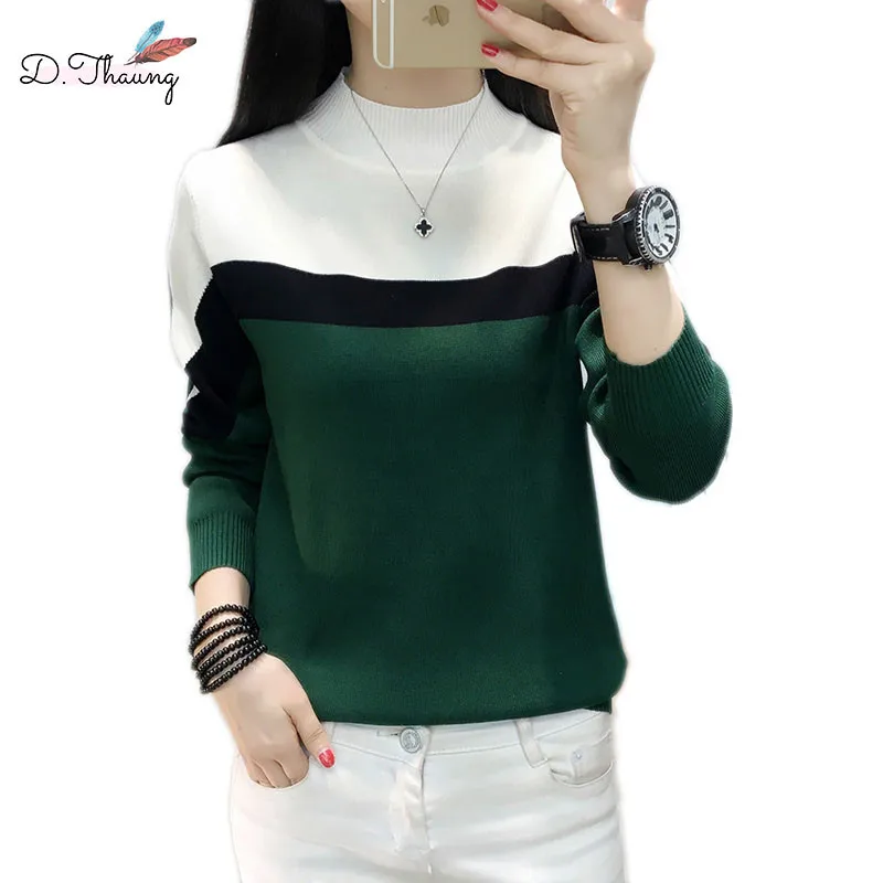

Spring Autumn Sweater Women 2019 New Half High Collar Plus Velvet Female Pullover Loose Thickening Knitting Ladies Sweater Cw608
