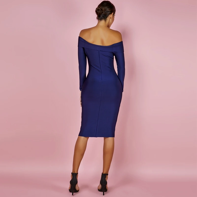 

Deer Lady New Arrival 2019 Women Bodycon Knee Length Dress Sexy Off Shoulder Bandage Dress Blue Long Sleeve Bandage Dress