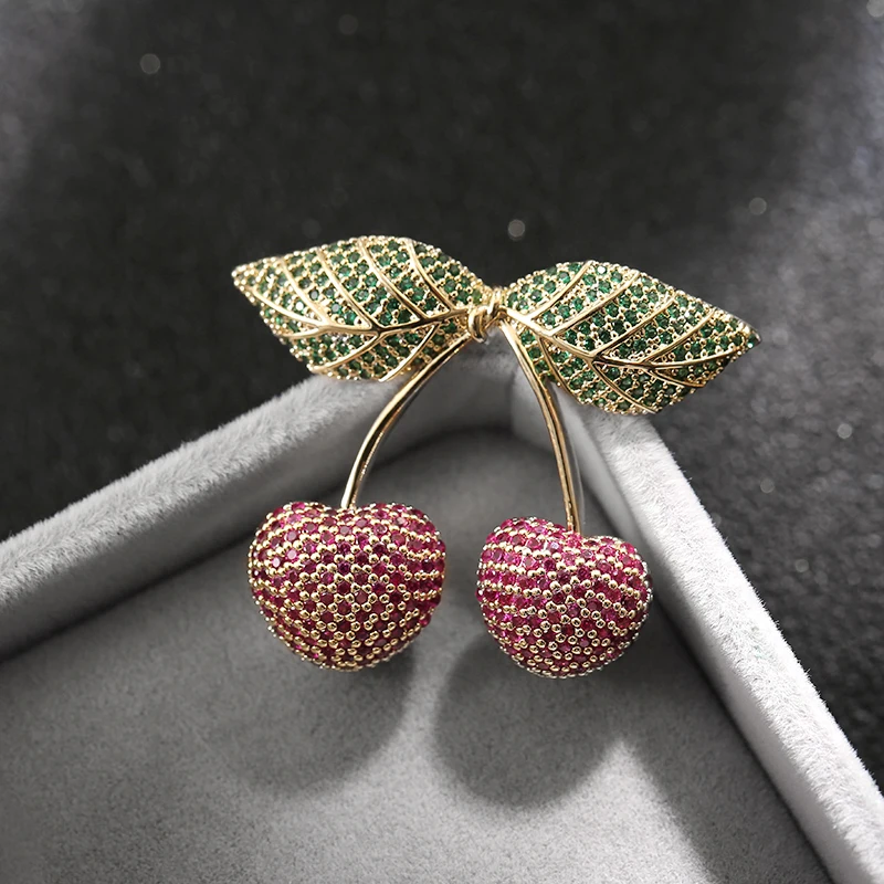 

Zhijia Fashion Shiny Rhinestone Crystal Cherry Pins Brooches For Women Dress Party Jewelry Gifts Wedding Accessories