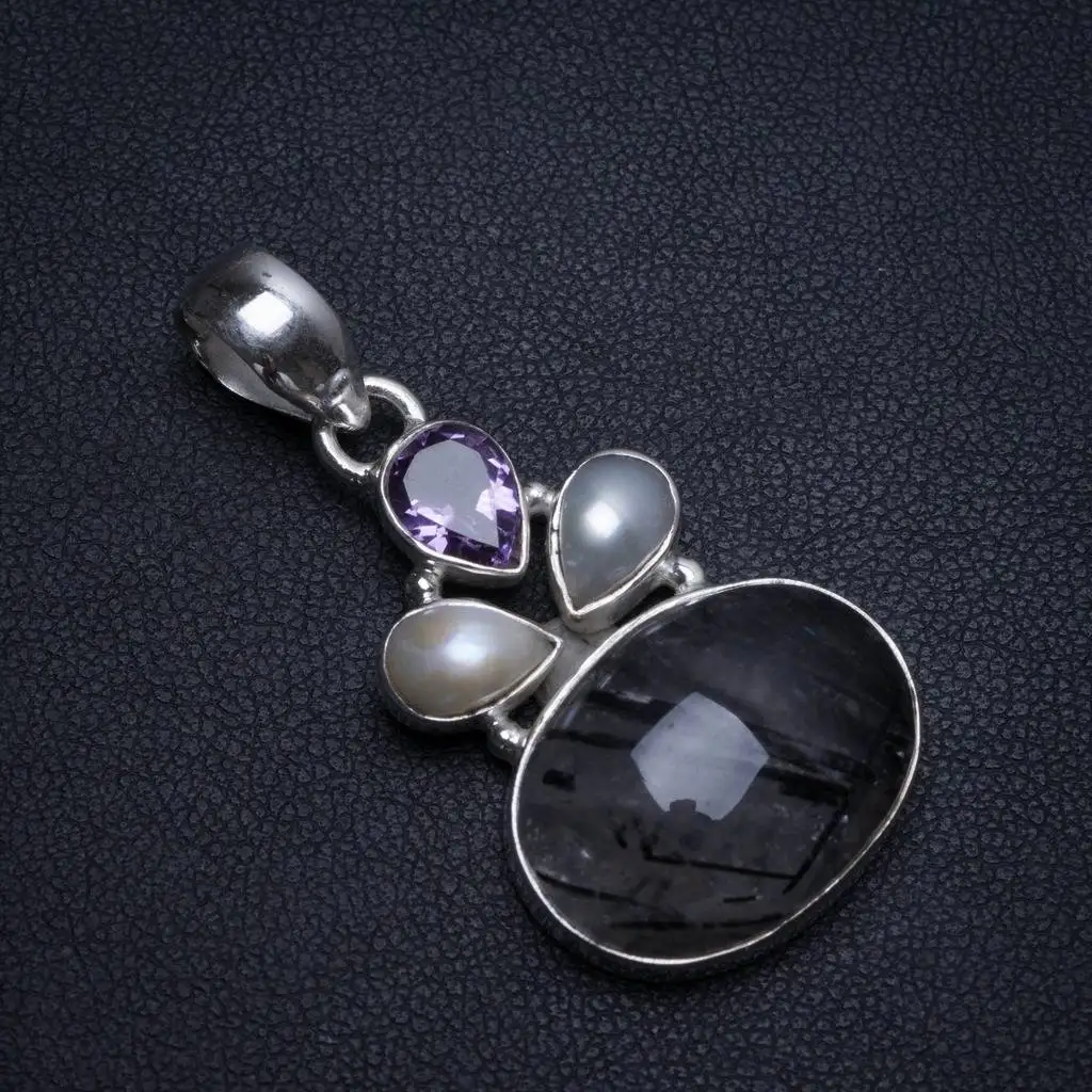 Natural Tourmalinated Quartz River Pearl and Amethyst 925 Sterling Silver Pendant 1 1/2&quot T0030 | Украшения и аксессуары