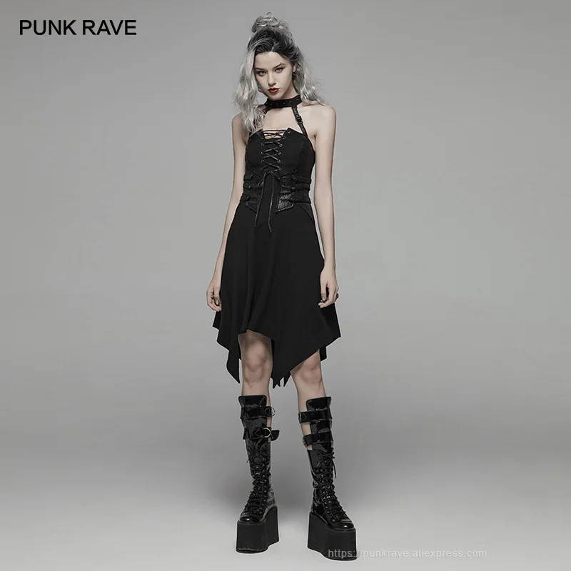 Панковское RAVE женское темно-панк асимметричное короткое платье с заклепками, Сексуальные клубные Вечерние платья на бретелях, женское платье в стиле рок и мотоцикла