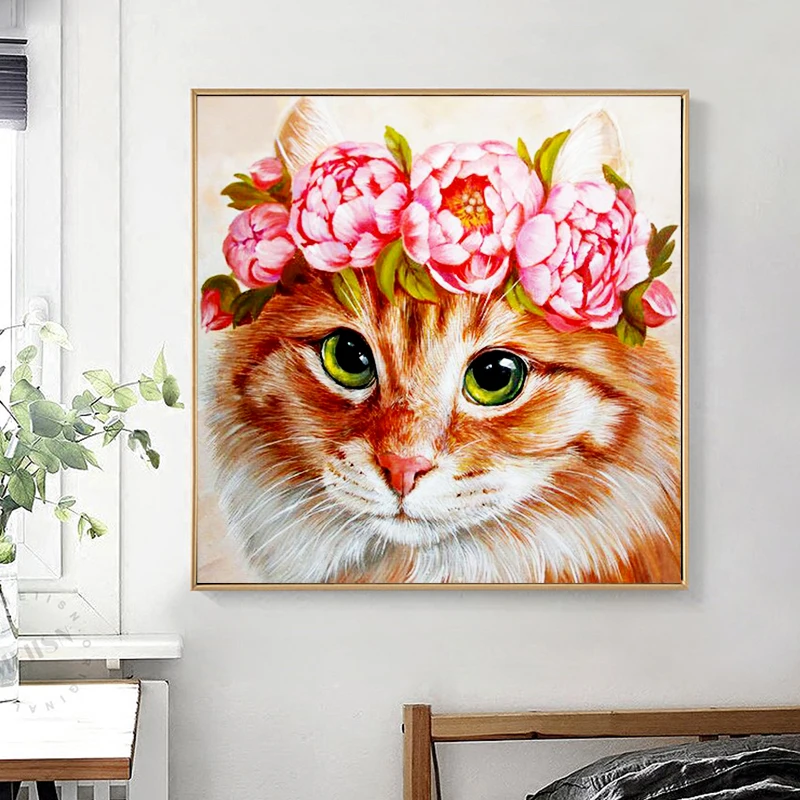 Diy 5D Diamond Painting Animal Full Round Mosaic Cat and Flower Embroidery Pattern Handmade Gift | Дом и сад