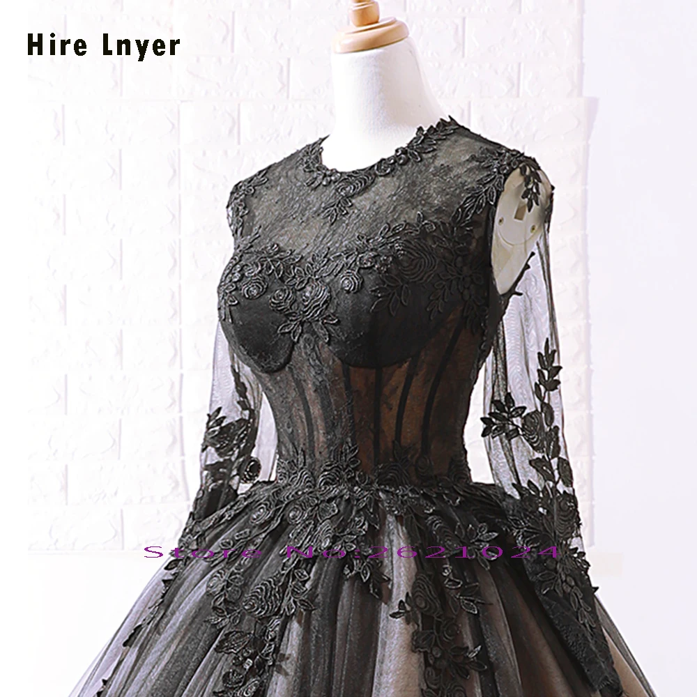HIRE LNYER China New Arrive Long Sleeve O-neck Zipper Up Appliques Lace Illusion Black Ball Gown Wedding Dress Plus Size Mariage | Свадьбы и