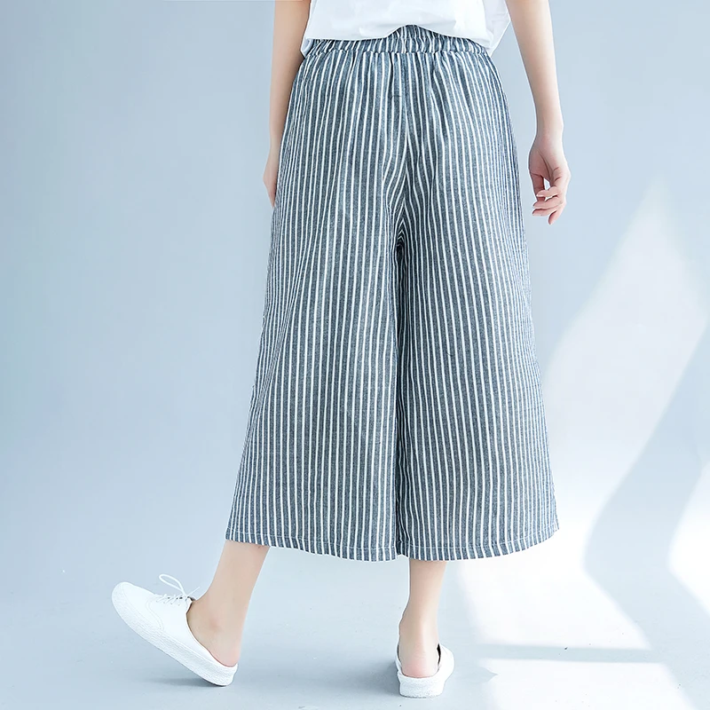 ilstile 2018 Women's Striped Cotton Linen Wide Leg Pants Vintage Summer Casual Loose Calf-Length Elastic Waist Trousers | Женская