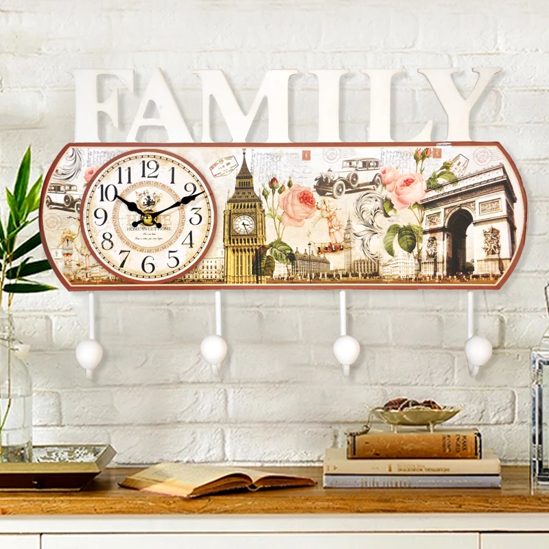 

American Pastoral Wall Hooks Decorative Creative Retro Entrance Hooks For Hanging Coat Rack With Clock Ornaments
