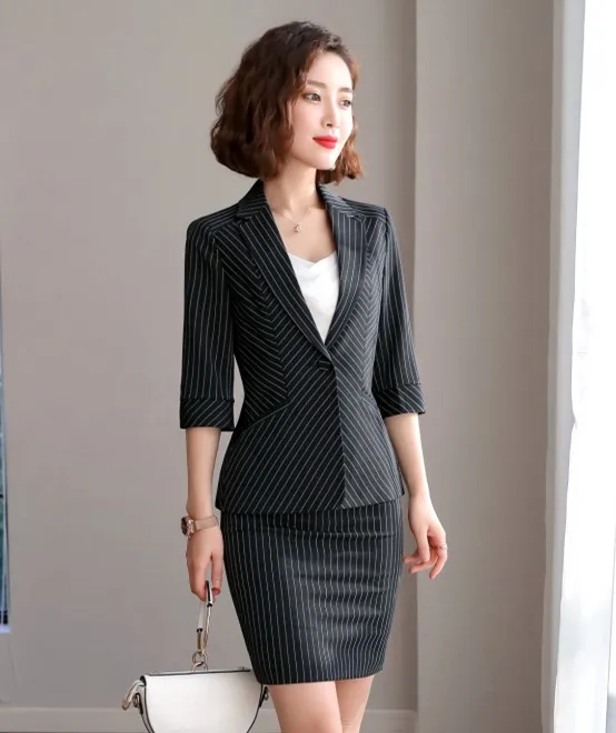 Black coat and skirt Новинка, летние деловые полосатые брюки, костюмы для женщин, формальные, формальные, модные, половина рукава, Тонкий Блейзер и брюки, Офисная Женская одежда для работы - Цвет: Black coat and skirt