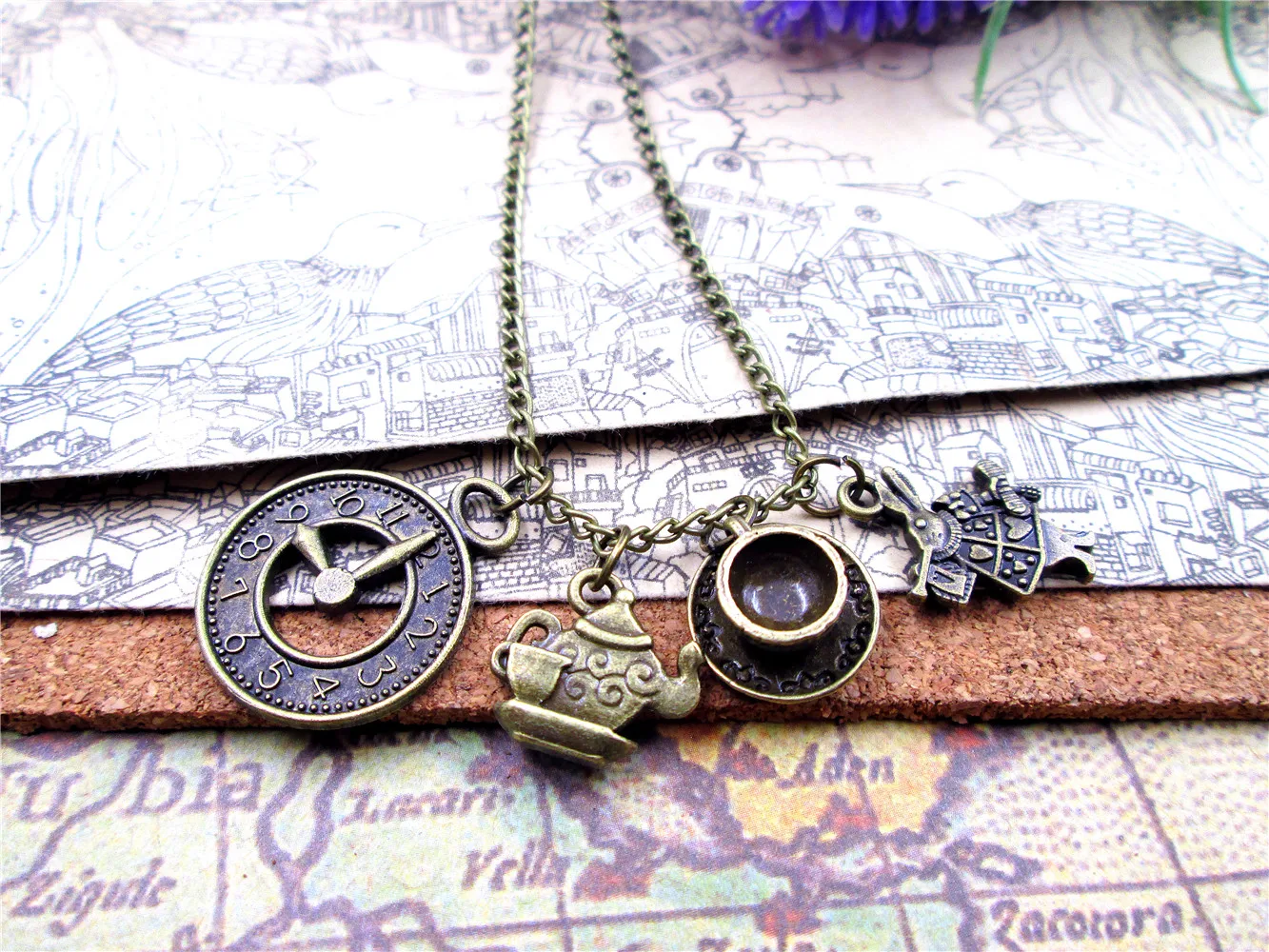 fashion Antique bronze necklace Teapot with teacup Clock rabbit charm pendant | Украшения и аксессуары