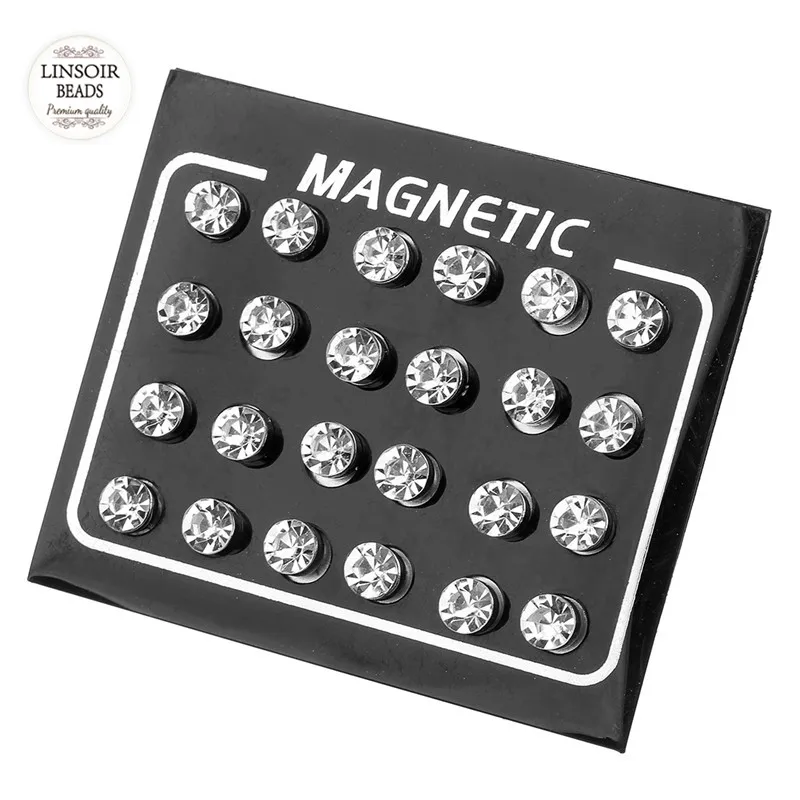 LINSOIR 12 Pair/lot 4/5/6/7mm Round Crystal Rhinestone Magnet Stud Earring Puck Womens Mens Magnetic Fake Ear Plug Jewelry | Украшения и